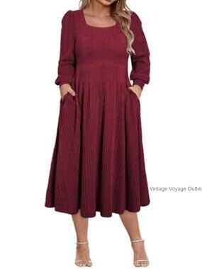 Plus Size Midi Sweater Dress Long Sleeve Square Neck Casual